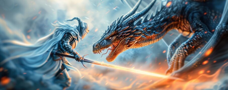 Fototapeta Enchanted knight battling dragon, glowing swords, epic fantasy, honor and valor