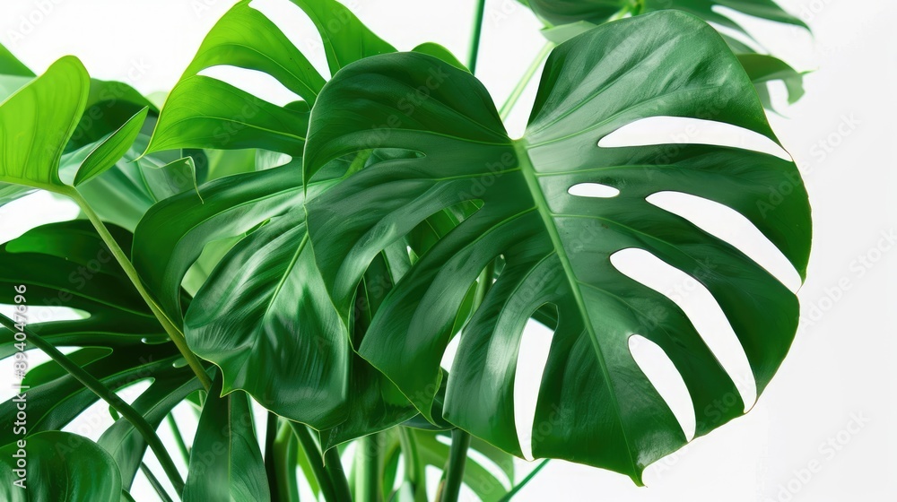 Wall mural Potted Monstera against white, close-up of indoor tropical plant for decoration.