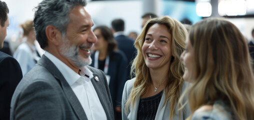 A candid shot of a woman conversing at a trade fair, gaining valuable experience and knowledge from industry experts.