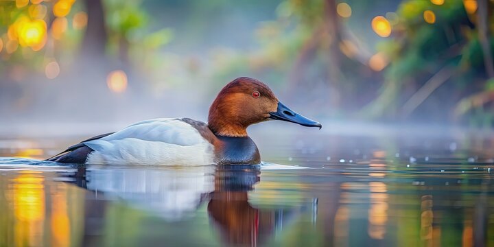 Canvasback duck reflecting in misty forest pond while pecking for food, Canvasback duck, reflection, misty forest, pond