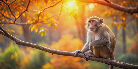 Fototapeta premium Monkey sitting on a branch in the autumn forest at sunset, Monkey, branch, autumn, forest, sunset, wildlife, nature, animal