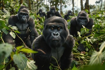 Obraz premium a silverback gorilla leading its troop through lush jungle foliage. Ideal for nature documentaries and educational exhibits about endangered species.