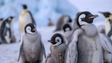 Naklejka premium a group of emperor penguin chicks huddled together on an icy plain. Their soft feathers and innocent expressions capture the beauty of Antarctic wildlife.