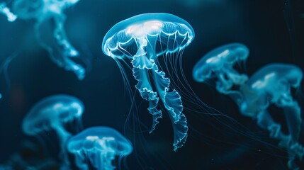 Fototapeta premium Bioluminescent Jellyfish in Dark Water.