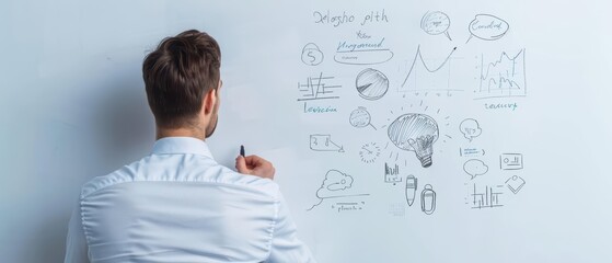 A dynamic image of a businessperson brainstorming, banner, with copy space