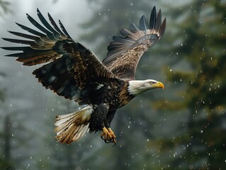 Fototapeta premium Majestic Bald Eagle Soaring Over Mountainous Landscape with Sharp Talons and Keen Eyes Below