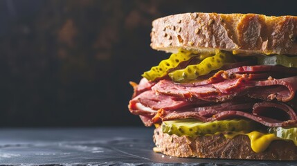 A mouthwatering pastrami sandwich with pickles and mustard, banner, with copy space