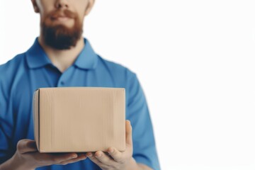 A reliable delivery service with a courier handing a package to a customer, banner, with copy space