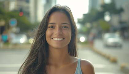Retrato Cinematogr&aacute;fico de Jovem Brasileira de 25 Anos Caminhando na Avenida Paulista, Sorrindo, IA Generativa