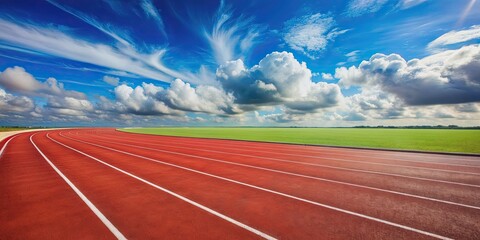 Red track and field under blue sky with white clouds , sports, athletics, running, track, competition