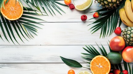 Tropical fruits and palm leaves on a white wooden table summer fruit flat lay