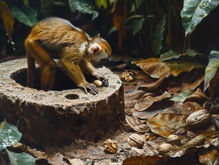Intelligent Capuchin Monkey Cracking Nut with Tool in Lush Rainforest Environment
