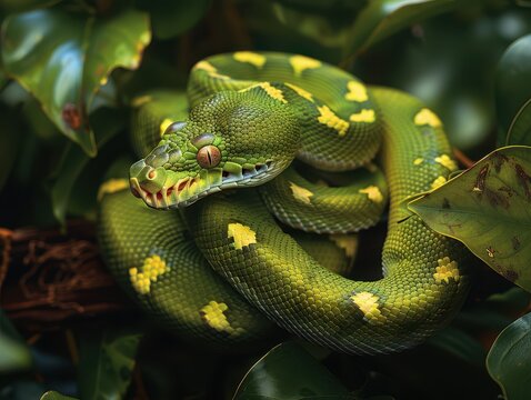Striking Green Tree Python Camouflaged in Lush Foliage of Rainforest Canopy