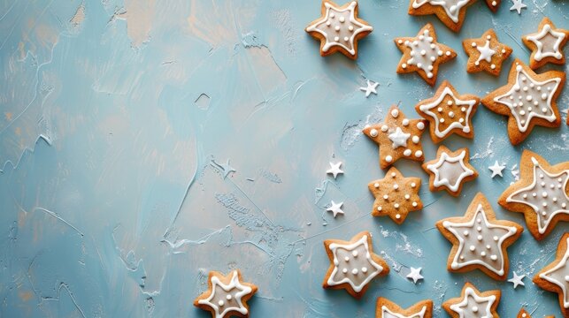Festive star shaped gingerbread cookies for Christmas and New Year with blue backdrop and space for text