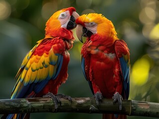 Fototapeta premium Pristine Scarlet Macaws Preening in Canopy | Vibrant National Geographic Bird Photography