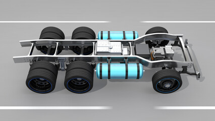 Obraz premium Side view of FCV Semi truck chassis moving on the road. Fuel cell hydrogen system equipped with fuel cell stack, battery, H2 gas tanks, dual motors. 3D rendering image.