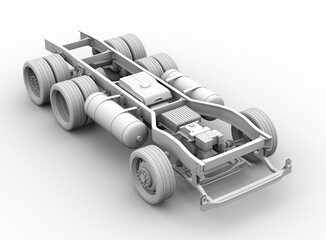 Clay rendering of FCV Semi truck chassis moving on the road. Fuel cell hydrogen system equipped with fuel cell stack, battery, H2 gas tanks, dual motors. 3D rendering image.