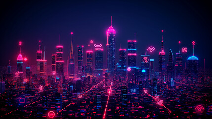 Obraz premium smart city 5G online communication network wireless systems connection concept fifth innovative generation of global high speed internet modern cityscape background flat horizontal vector illustration