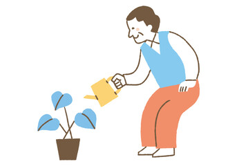 Elderly man watering houseplants_Color