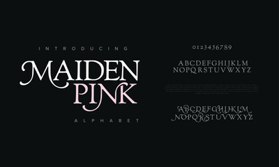 Maiden swash luxury elegant alphabet letters and numbers. Vintage wedding typography classic serif font decorative vintage retro. creative vector illustration