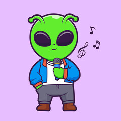 Cute Alien Singing with Microphone Cartoon Vector Icon Illustration