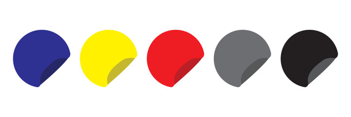 Circle sticker with curled corner set. paper round stickers with peeling corner and shadow, isolated rounded plastic mockup,