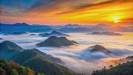 Serene mountains at sunrise with mist covering the valleys, mountains, morning, sunrise, mist, valleys, peaceful, serene
