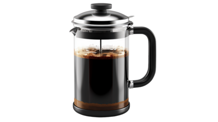 A French press coffee maker filled with coffee, isolated on transparent background