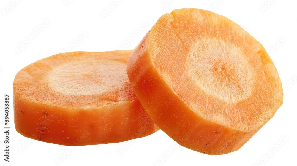 Poster close up of two fresh orange carrots sliced and stacked on a white background isolated with clipping
