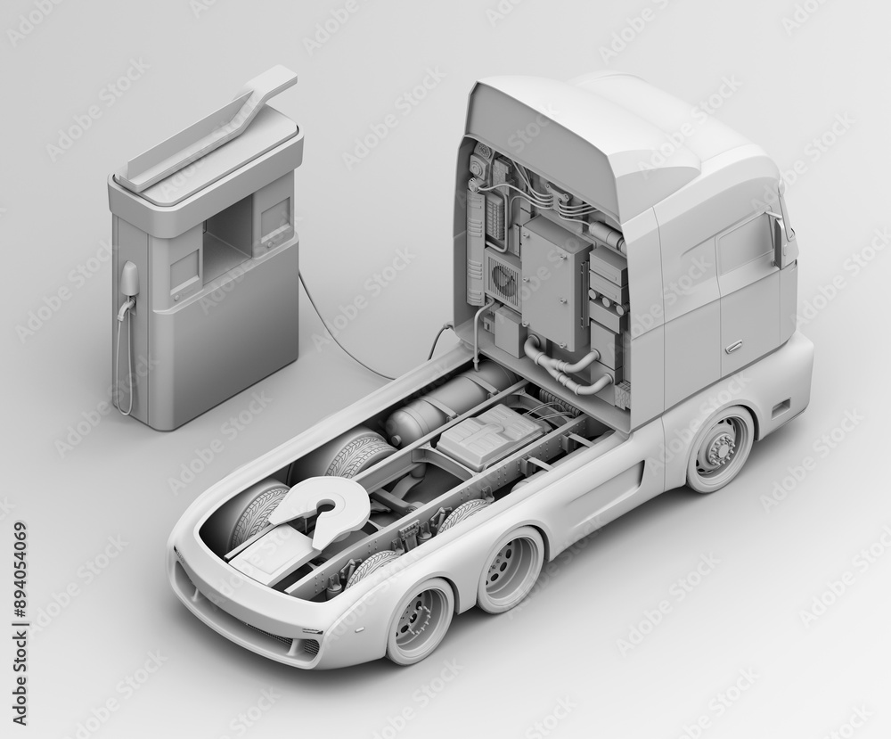Aufkleber clay rendering of fcv semi truck refueling h2 gas in hydrogen station. isometric view. 3d rendering 