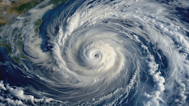 Satellite view of a swirling hurricane with storm grey vortexes and azure eye, hurricane, weather, satellite