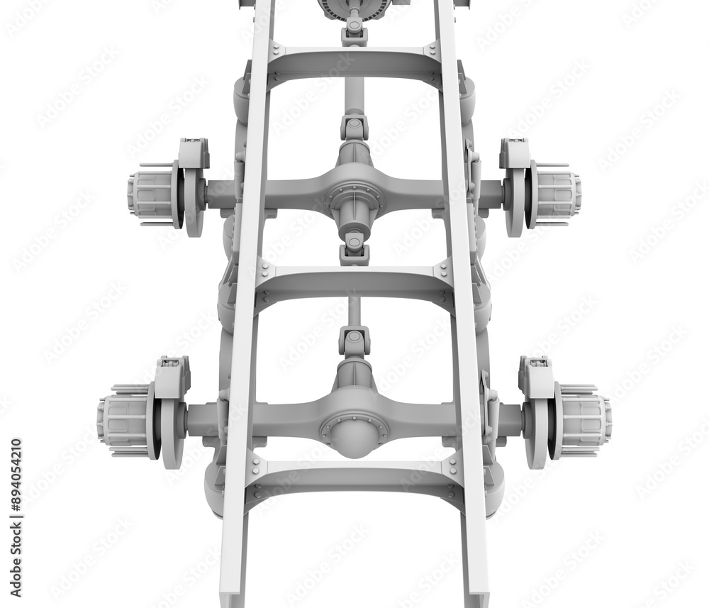 Poster clay rendering of semi truck ladder frame, drive shaft and axle system on white background. 3d rende
