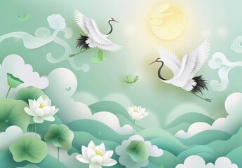 China-Chic Illustration of White Crane and Auspicious Cloud