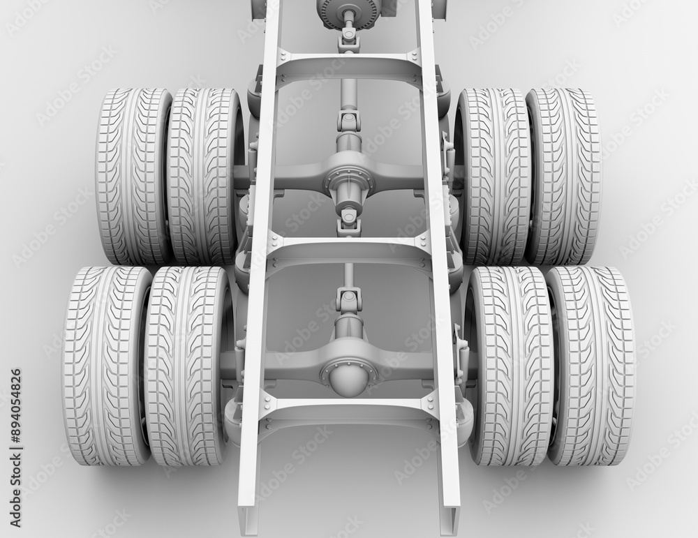 Aufkleber clay rendering of semi truck ladder frame, drive shaft and axle system on white background. 3d rende