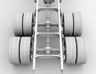 Clay rendering of Semi truck ladder frame, drive shaft and axle system on white background. 3D rendering image.