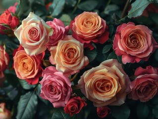 Obraz premium Serene Garden Delight: Elegant Peach, Apricot, and Coral Roses Blooming in a Peaceful Oasis