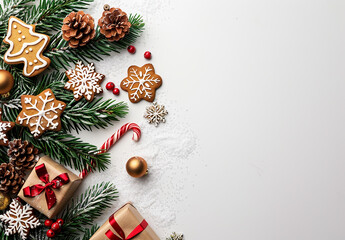 Festive Christmas Background with Evergreen Branches and Holiday Decorations