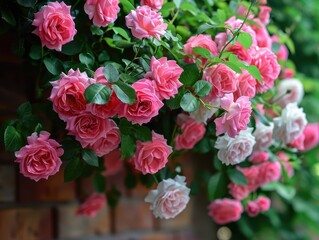 Fototapeta premium Tranquil Garden Beauty - Delicate Pink and White Roses Blooming on Lush Rose Bush in Well-Maintained Garden