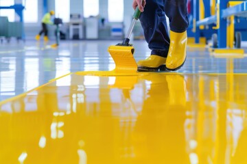 Industrial Painting, Worker applying yellow floor coating, Construction.