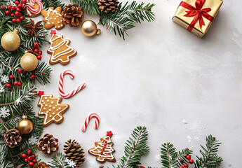 Festive Christmas Background with Evergreen Branches and Holiday Decorations