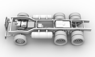 Clay rendering of FCV Semi truck chassis on gray background. Fuel cell hydrogen system equipped with fuel cell stack, battery, H2 gas tanks, dual motors. 3D rendering image.