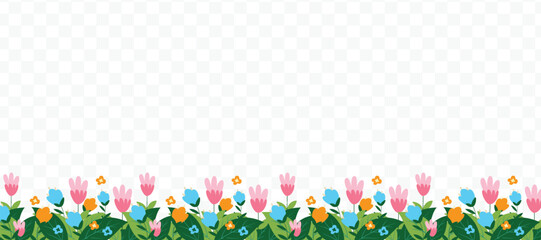 Horizontal transparent banner or floral backdrop decorated with gorgeous multicolored blooming flowers and leaves border. Spring botanical flat vector illustration on transparent background