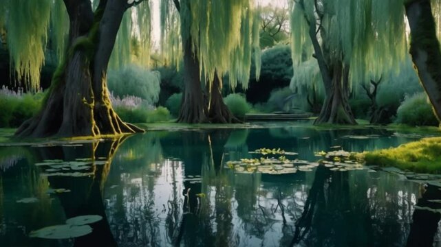 A mystical grove with a crystal-clear pond, surrounded by weeping willows and softly glowing flowers