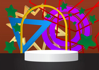 Multicolored mockup product display. Realistic vector 3D room, cylinder pedestal podium. Stage showcase for presentation. Futuristic Sci-fi minimal geometric forms, empty scene.