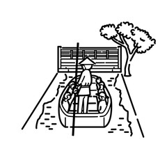 福岡 柳川の川下りのイラスト（線画）