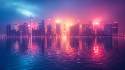 Fototapeta premium Night city abstract background image with neon lights and bright colors, architecture, skyscrapers, metropolis, buildings, downtown.