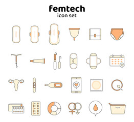 生理　アイコン　セット　妊娠　避妊　PMS　フェムテック　イラスト　線　サニタリー　月経　健康　橙色