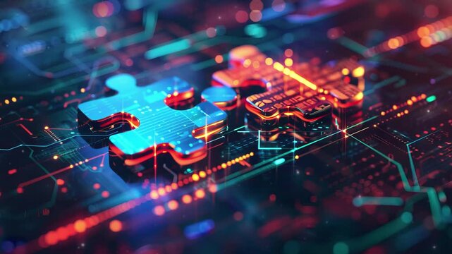 Digital representation of API integration concept with two interlocking puzzle pieces against a futuristic tech-inspired abstract background, symbolizing connectivity and interoperability.