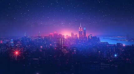 Panoramic cityscape at night with glowing light, skyscrapers, stars and dark sky illustration.