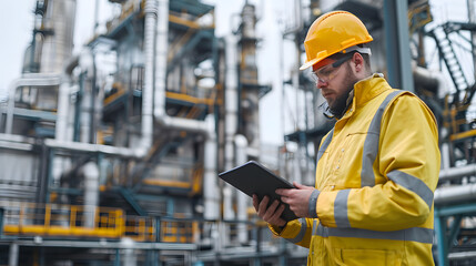 Construction Worker with Yellow Helmet Using Tablet